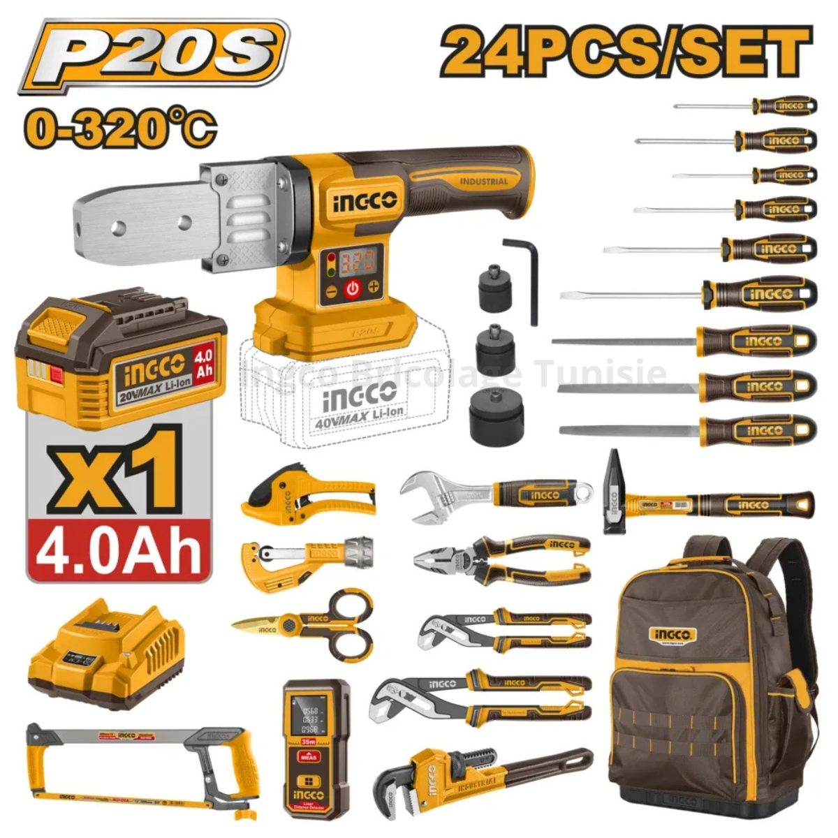 Coffret d'outils 24 pièces INGCO COS25105 avec machine à souder PPR sans fil 20 V, batterie 4,0 Ah et sac à dos professionnel.