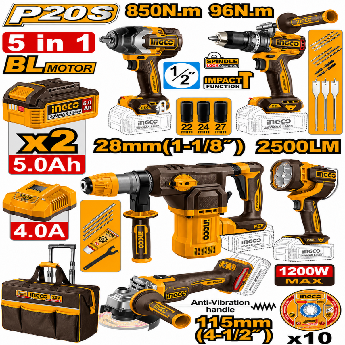 Kit combiné industriel sans fil 20V INGCO COSLI251193 5 outils Brushless