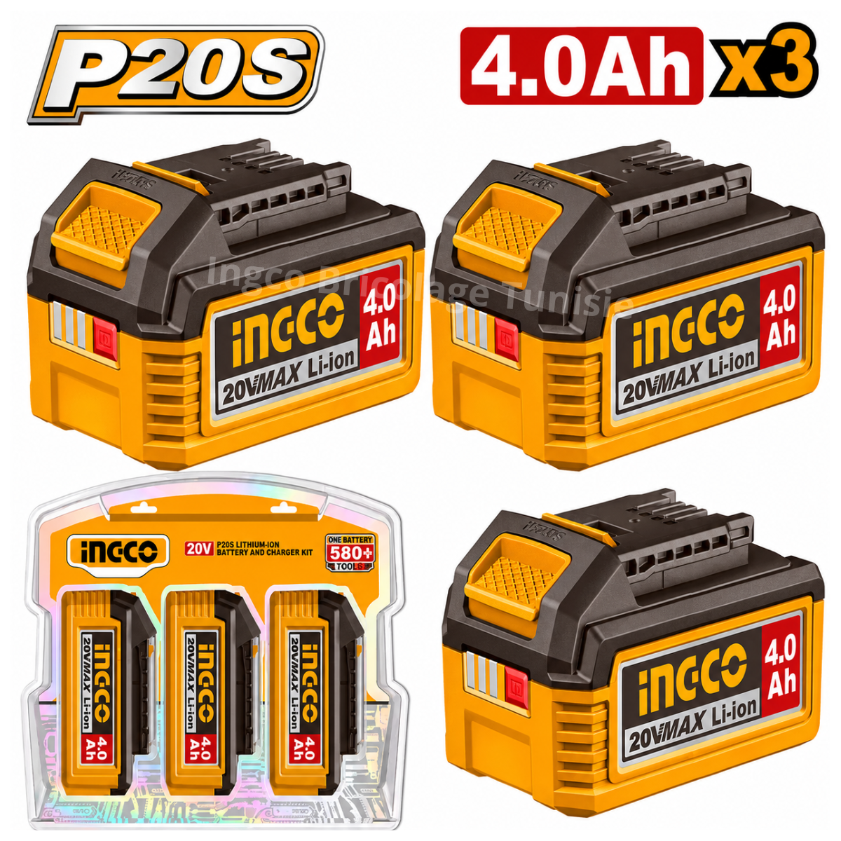 Série de 3 batteries INGCO 20V 4,0Ah Li-ion COSLI251296 compatibles P20S