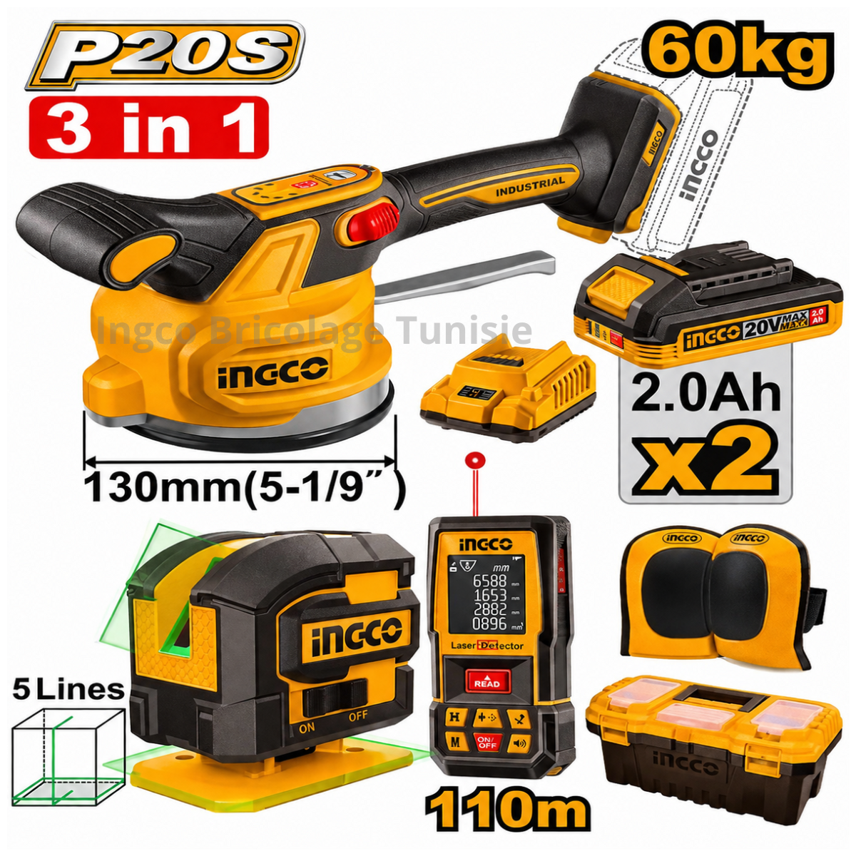Kit combiné sans fil INGCO P20S 20V COSLI260106 avec ponceuse excentrique, niveau laser 5 lignes, télémètre laser 110 m, détecteur, batteries 2 Ah et coffret.