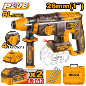 Marteau perforateur sans fil INGCO CRHLI202682 20 V Brushless SDS Plus avec 2 batteries 4 Ah, chargeur, forets, burin et coffret de transport.