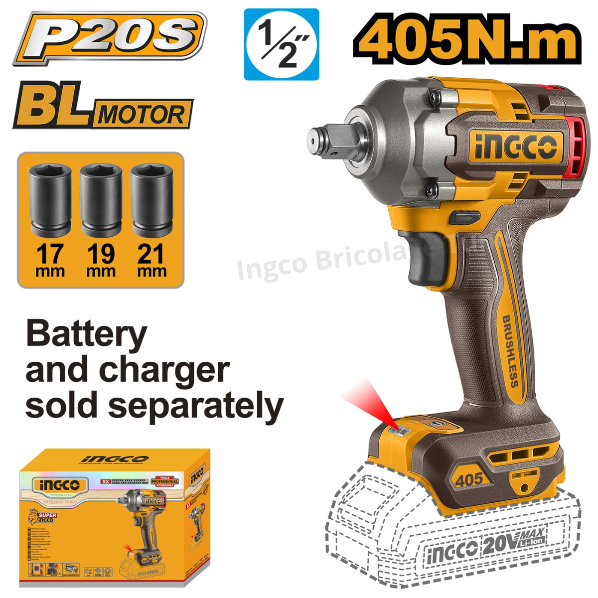 Clé à chocs sans fil Ingco 405 Nm CIWLI20451 Brushless 20 V avec entraînement carré 1/2" et trois douilles.