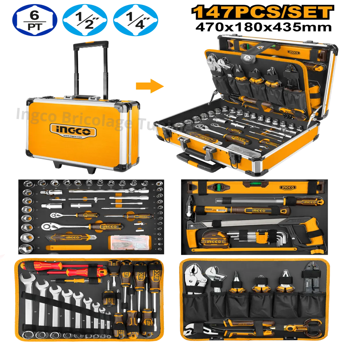 Coffret d'outils à main INGCO HKTHP21471 147 pièces avec mallette en aluminium – Disponible en Tunisie