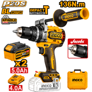 Perceuse-visseuse à percussion sans fil INGCO CIDLI201368 20V Brushless 136 Nm avec mandrin métallique de 13 mm, idéale pour le bois, le métal et la maçonnerie en Tunisie.