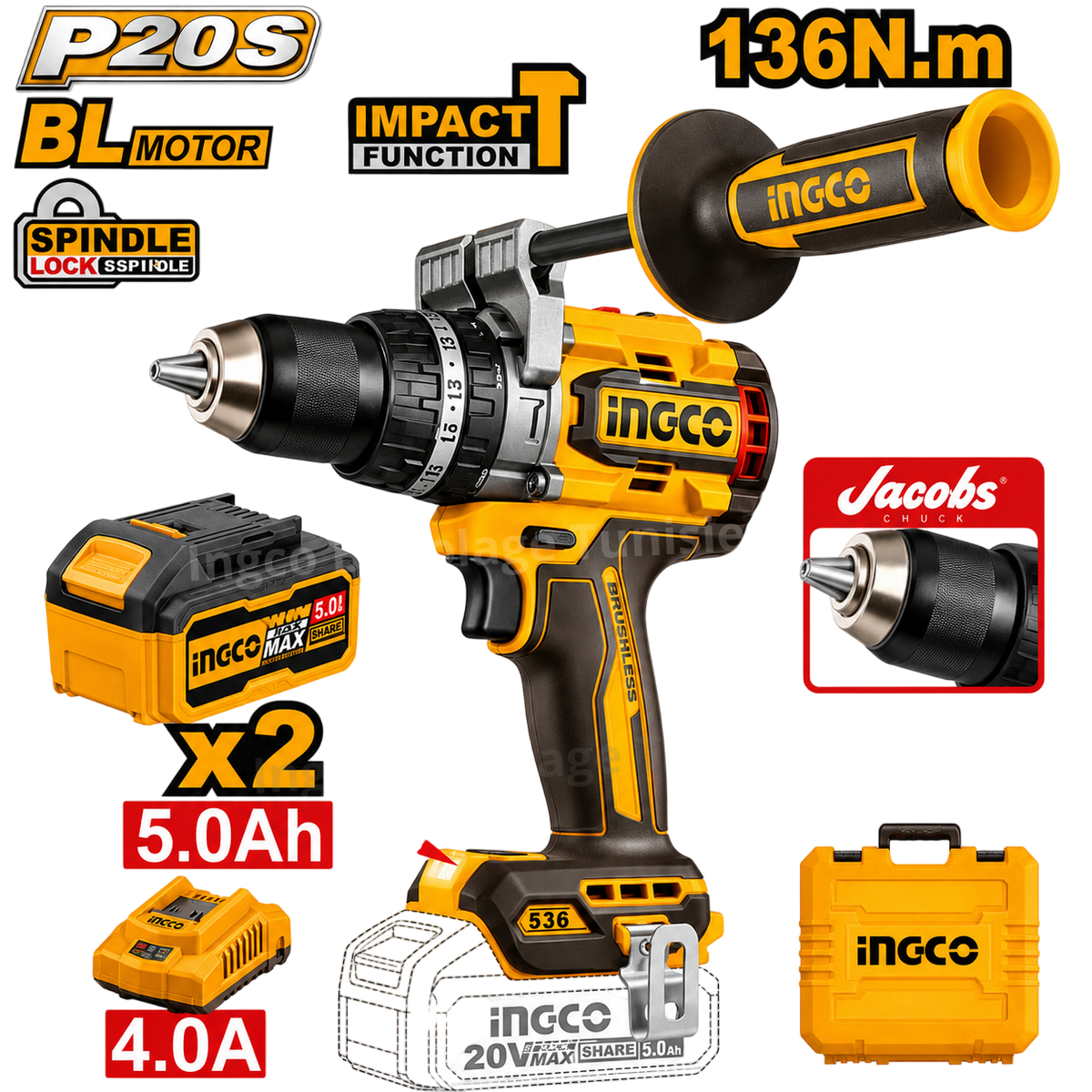 Perceuse-visseuse à percussion sans fil INGCO CIDLI201368 20V Brushless 136 Nm avec mandrin métallique de 13 mm, idéale pour le bois, le métal et la maçonnerie en Tunisie.