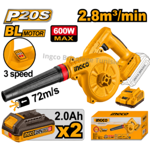 Souffleur sans fil 20 V Brushless INGCO CABLI20682 avec 2 batteries 2 Ah et chargeur rapide