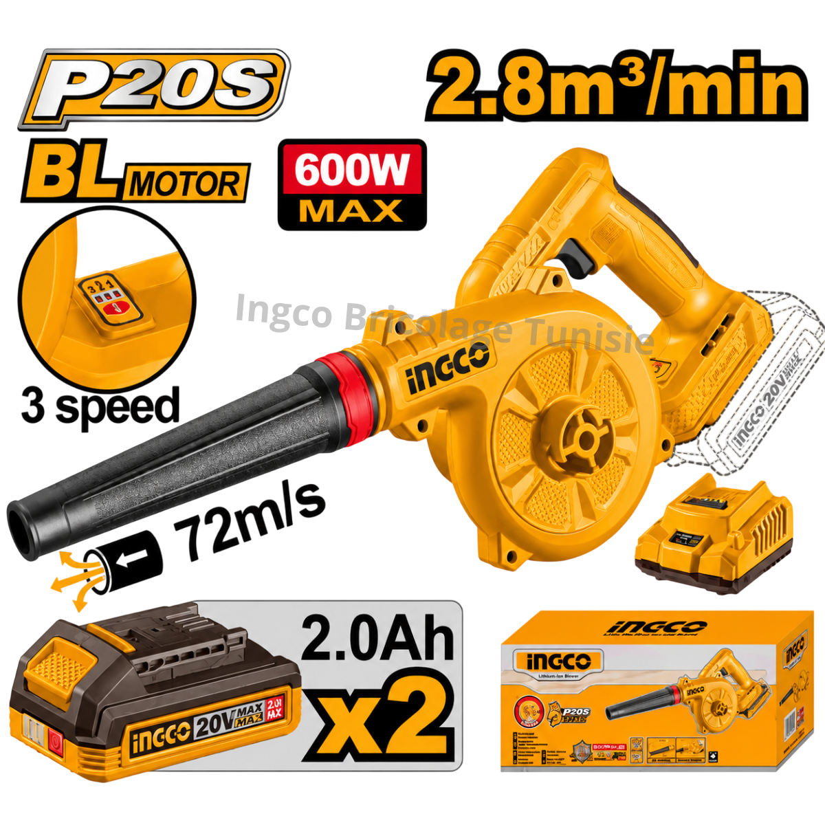 Souffleur sans fil 20 V Brushless INGCO CABLI20682 avec 2 batteries 2 Ah et chargeur rapide
