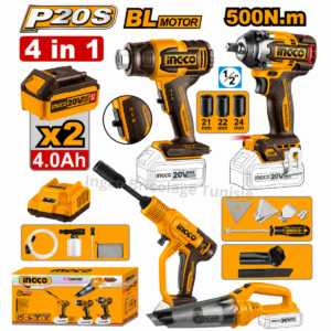 Kit combiné sans fil INGCO 20V 4 pièces avec décapeur thermique, aspirateur, nettoyeur haute pression, clé à chocs, 2 batteries 4,0Ah et chargeur