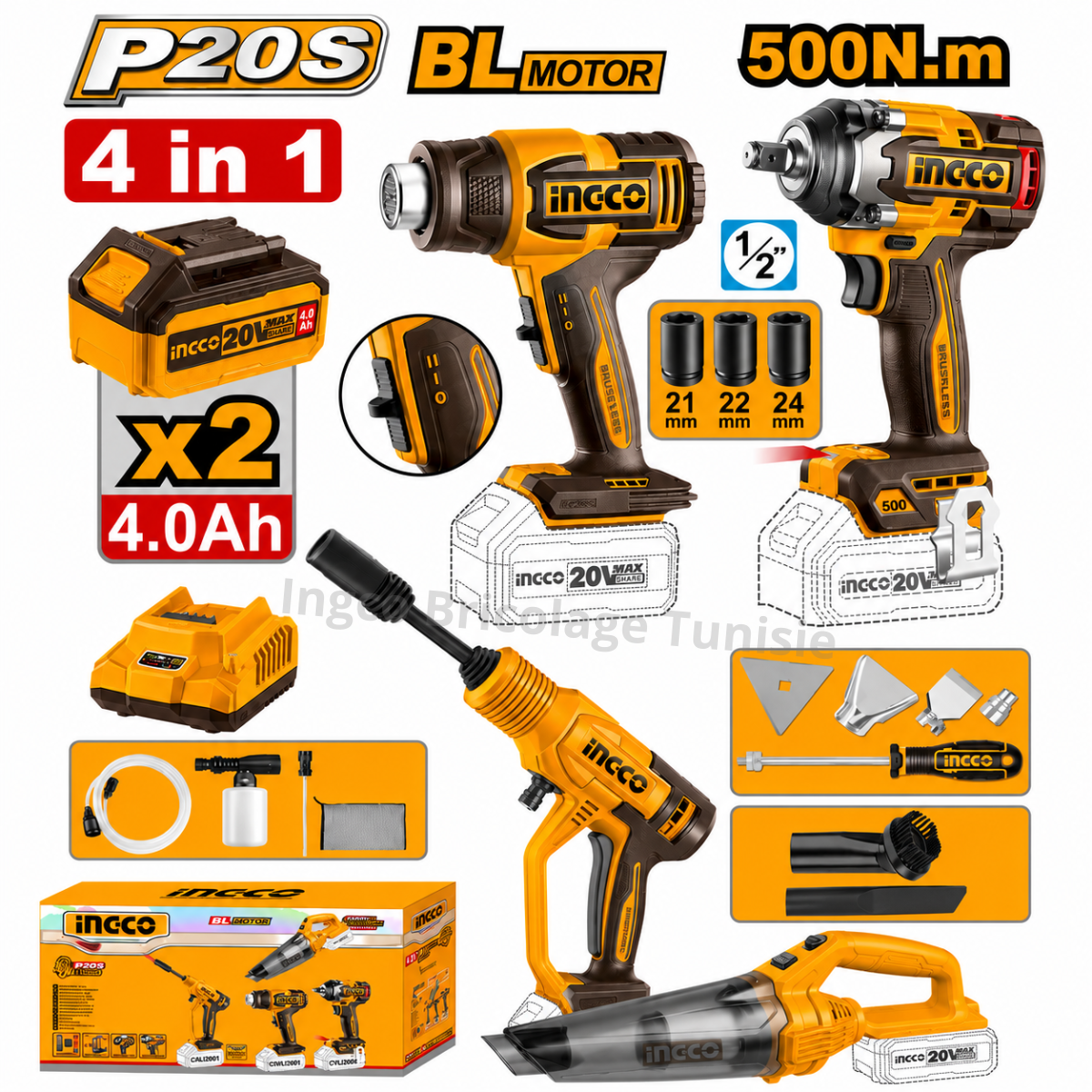 Kit combiné sans fil INGCO 20V 4 pièces avec décapeur thermique, aspirateur, nettoyeur haute pression, clé à chocs, 2 batteries 4,0Ah et chargeur