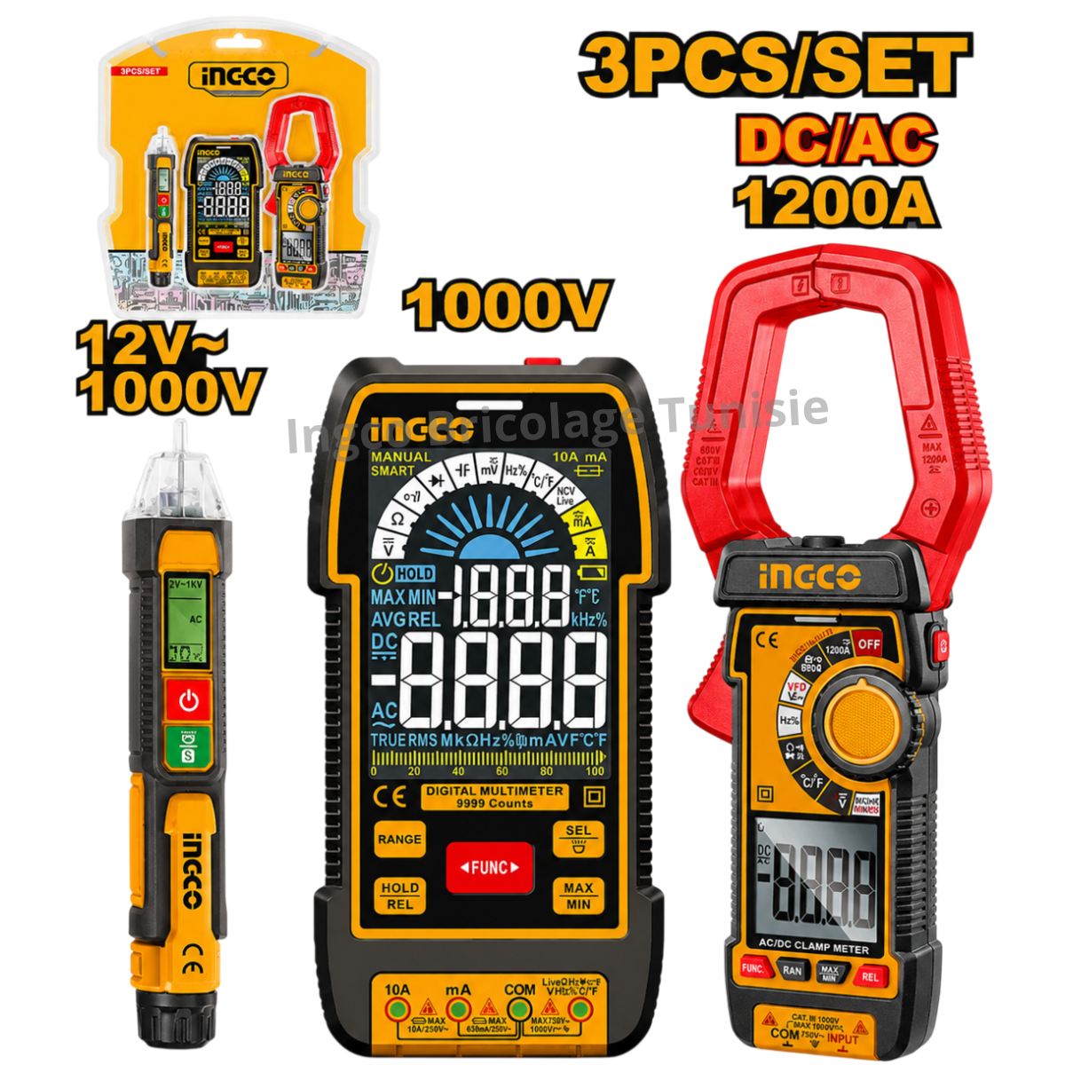 Kit de test électrique INGCO COS24069 avec détecteur de tension, multimètre numérique TRMS et pince ampèremétrique AC/DC – Disponible en Tunisie