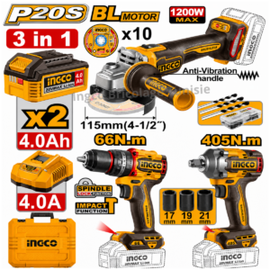 Kit combiné sans fil INGCO CKLI20358 20V avec meuleuse Brushless, perceuse à percussion Brushless et clé à chocs – Outillage professionnel en Tunisie