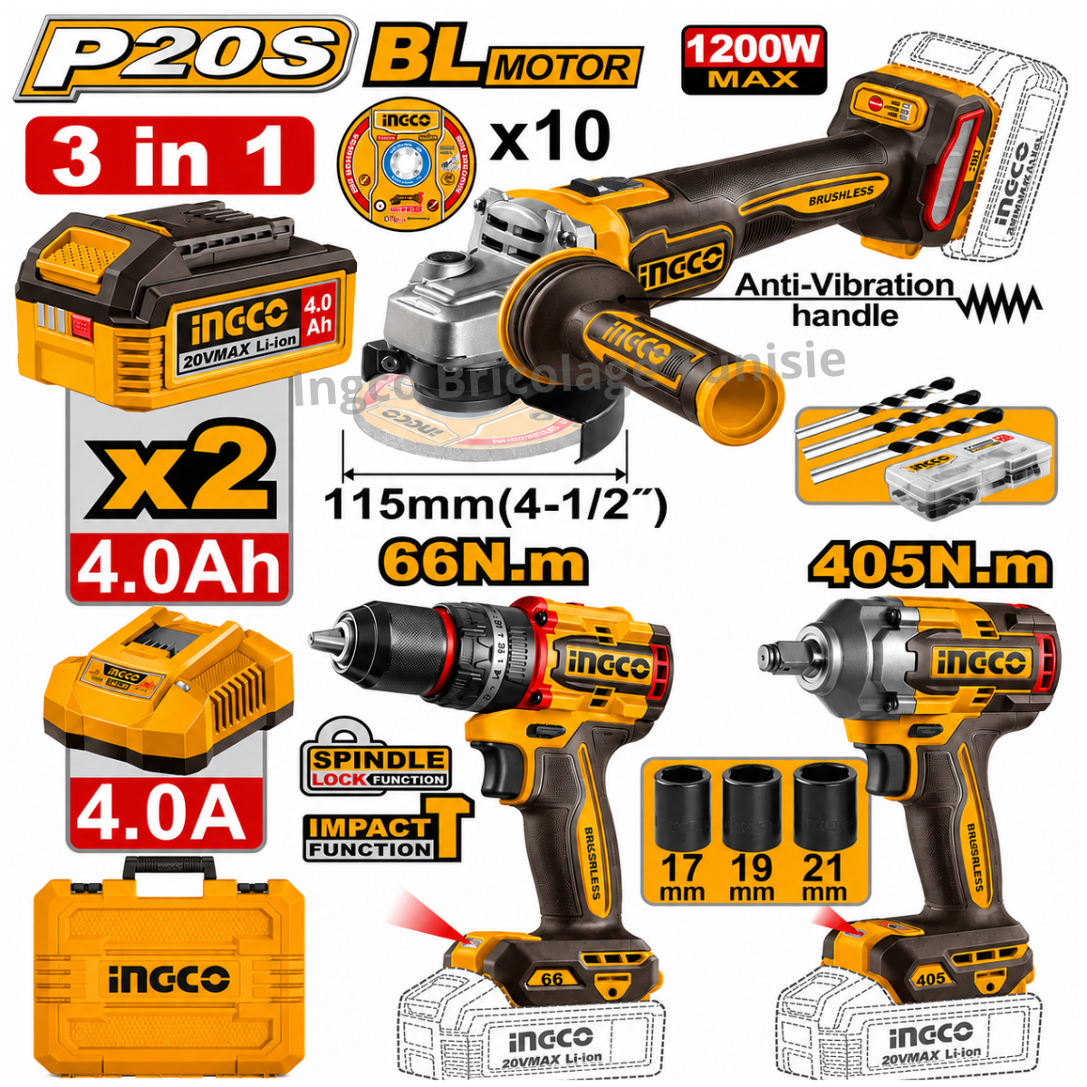 Kit combiné sans fil INGCO CKLI20358 20V avec meuleuse Brushless, perceuse à percussion Brushless et clé à chocs – Outillage professionnel en Tunisie