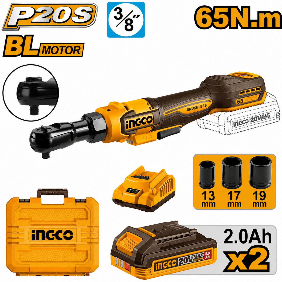 Clé à cliquet sans fil INGCO CDRLI20652 20V 65 Nm 3/8"