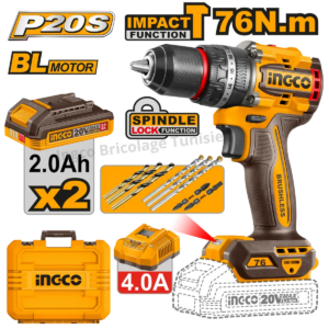Perceuse à percussion sans fil INGCO CIDLI207686 20V Brushless 76 Nm avec 2 batteries 2,0 Ah et 47 accessoires.