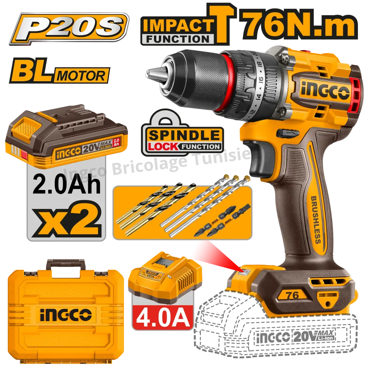Perceuse à percussion sans fil INGCO CIDLI207686 20V Brushless 76 Nm avec 2 batteries 2,0 Ah et 47 accessoires.