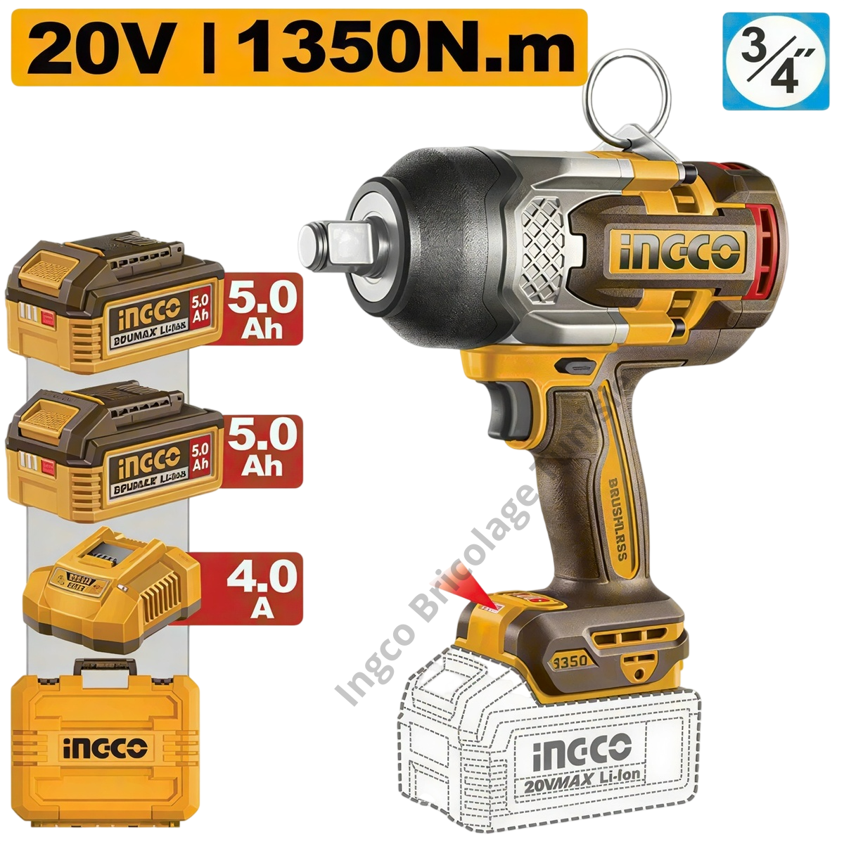 Clé à chocs sans fil INGCO CIWLI201356 20V 1350 Nm Brushless