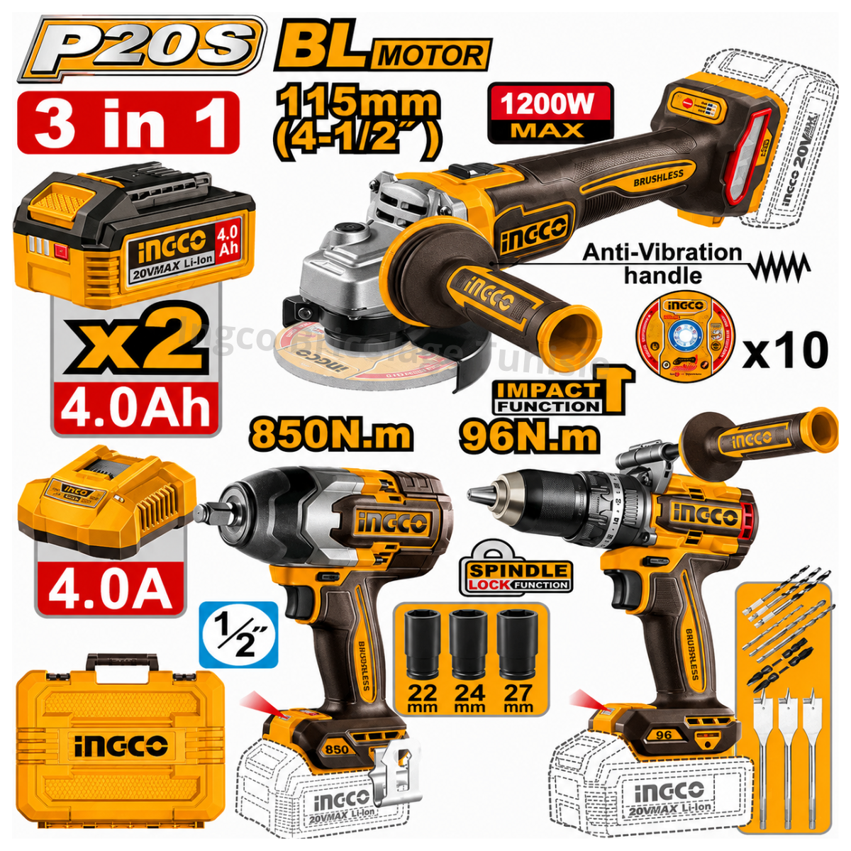 Pack 3 pièces sans fil 20V INGCO COSLI251292 avec perceuse-visseuse Brushless, clé à chocs 850 Nm, meuleuse 115 mm, batteries 4 Ah et mallette.
