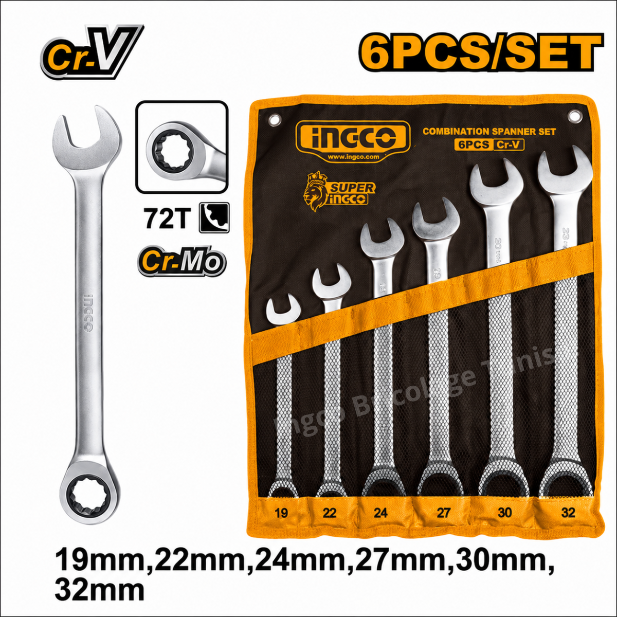 Jeu de 6 clés mixtes INGCO HKSPAR1061 19 à 32 mm en CR-V