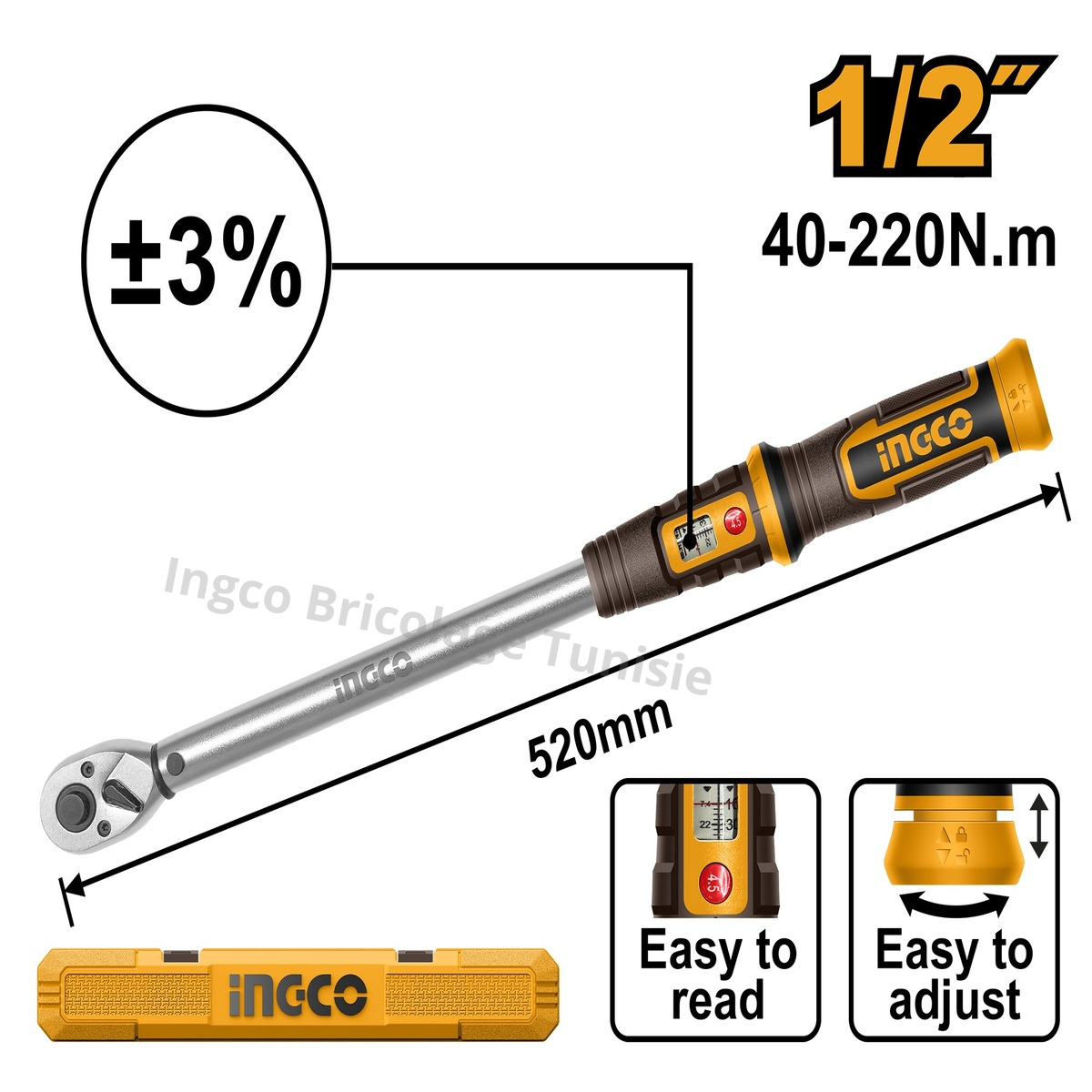 Clé dynamométrique INGCO HPTW1220N8 1/2 pouces 40-220 Nm