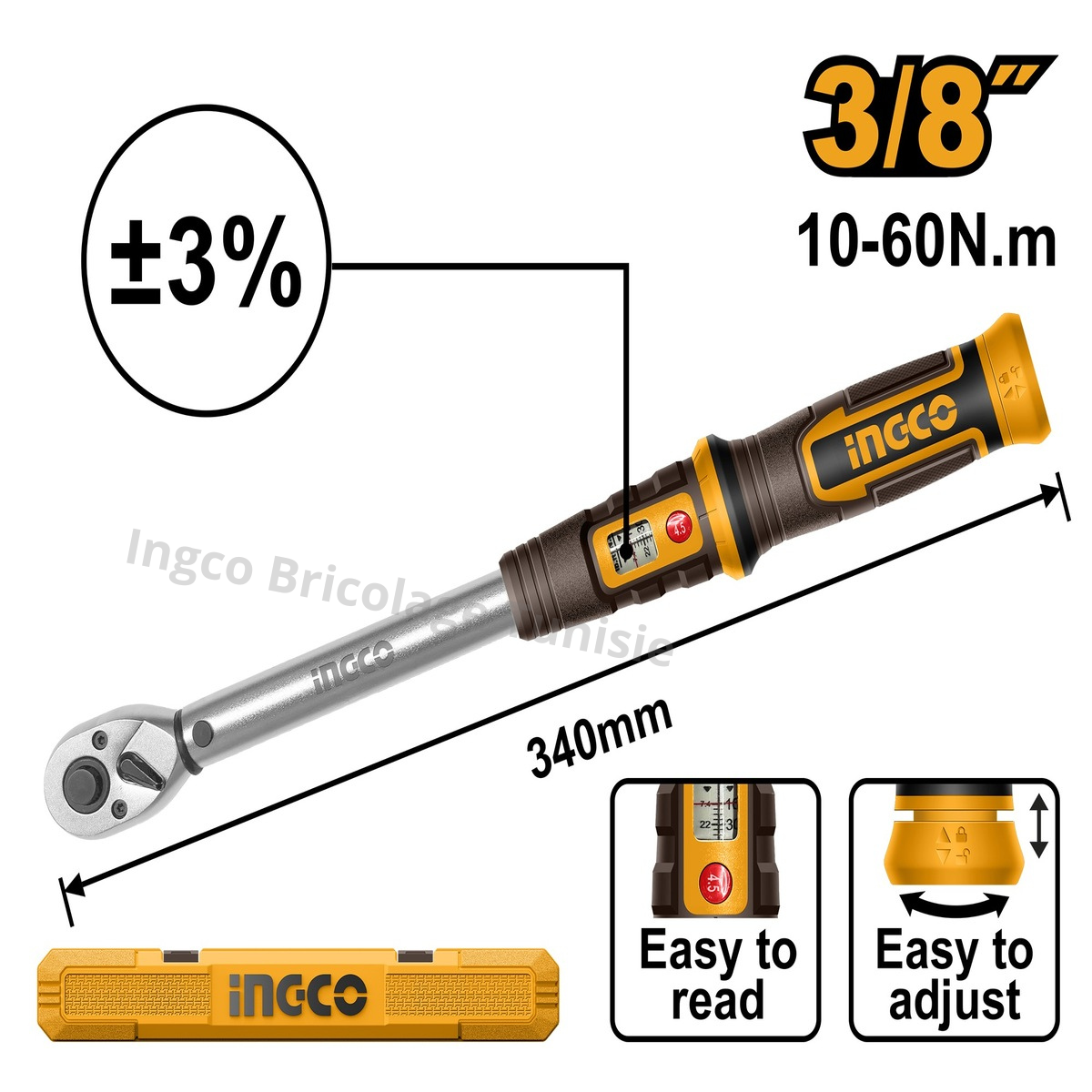 Clé dynamométrique INGCO HPTW3860N8 3/8 pouces 10-60 Nm