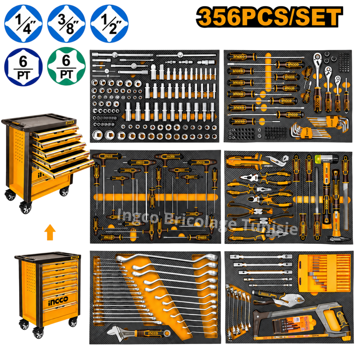 Coffret d'outils 356 pièces à 7 tiroirs INGCO HTCS273561 avec caisson métallique sur roulettes et outillage professionnel complet.