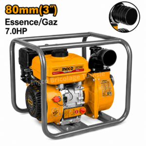 Pompe à eau 7HP Essence GPL INGCO GWP302DF 3 pouces avec moteur 208 cm³ et débit maximal de 1000 L/min.