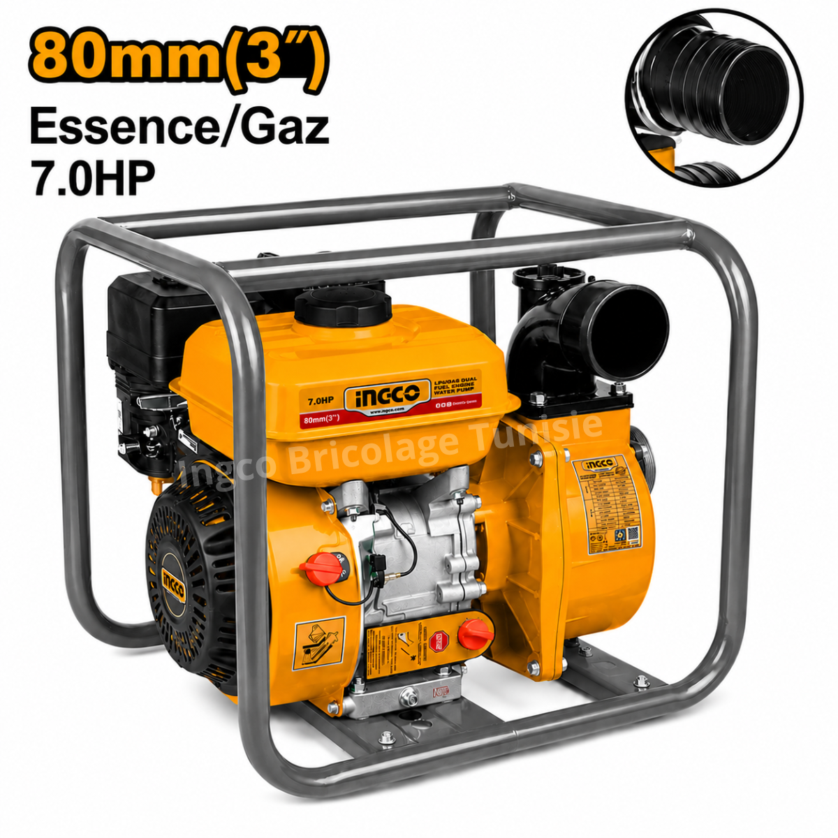 Pompe à eau 7HP Essence GPL INGCO GWP302DF 3 pouces avec moteur 208 cm³ et débit maximal de 1000 L/min.