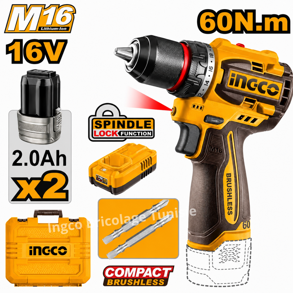 Visseuse sans fil INGCO CDLI16606 16V Brushless 60 Nm avec 2 batteries