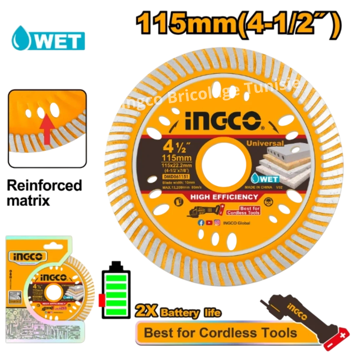 Disque diamanté ultra-mince INGCO DMD061151 115 mm pour coupe humide