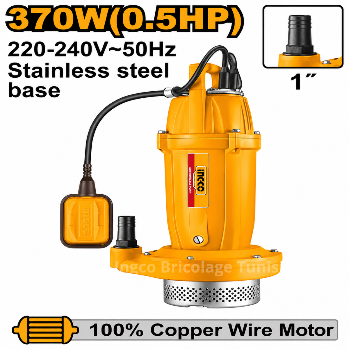 Pompe submersible 370 W 0,5 HP INGCO SPC37068 pour eau propre avec flotteur automatique et câble de 9 mètres.