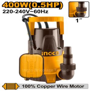 Pompe à eau submersible INGCO SPC4008 400 W avec débit de 117 L/min, hauteur de refoulement de 8 m et câble de 9 m.