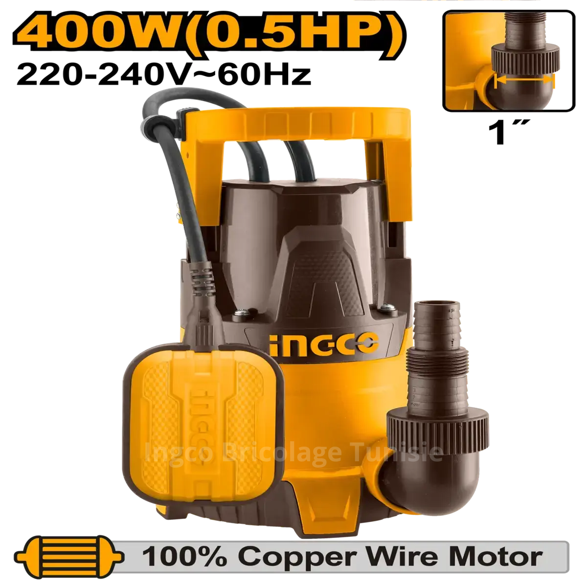 Pompe à eau submersible INGCO SPC4008 400 W avec débit de 117 L/min, hauteur de refoulement de 8 m et câble de 9 m.