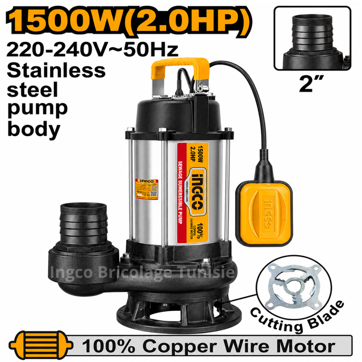 Pompe vide cave 1500 W 2 HP INGCO SPDB150068 pour eaux chargées avec lame de coupe intégrée et corps en acier inoxydable.