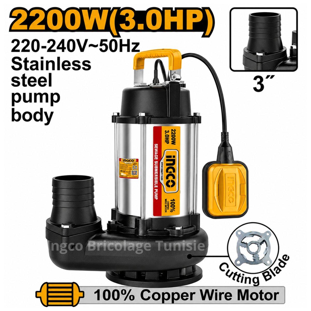 Pompe vide cave 2200 W 3 HP INGCO SPDB220068 pour eaux chargées avec lame de coupe intégrée et corps en acier inoxydable.