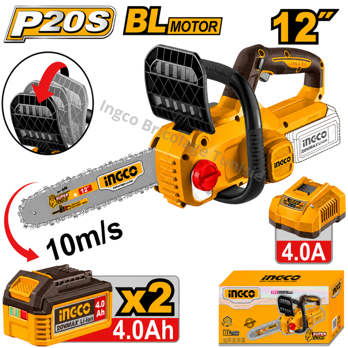 Tronçonneuse sans fil INGCO CGSLI201262 20V Brushless avec guide-chaîne 12 pouces et deux batteries 4,0 Ah.