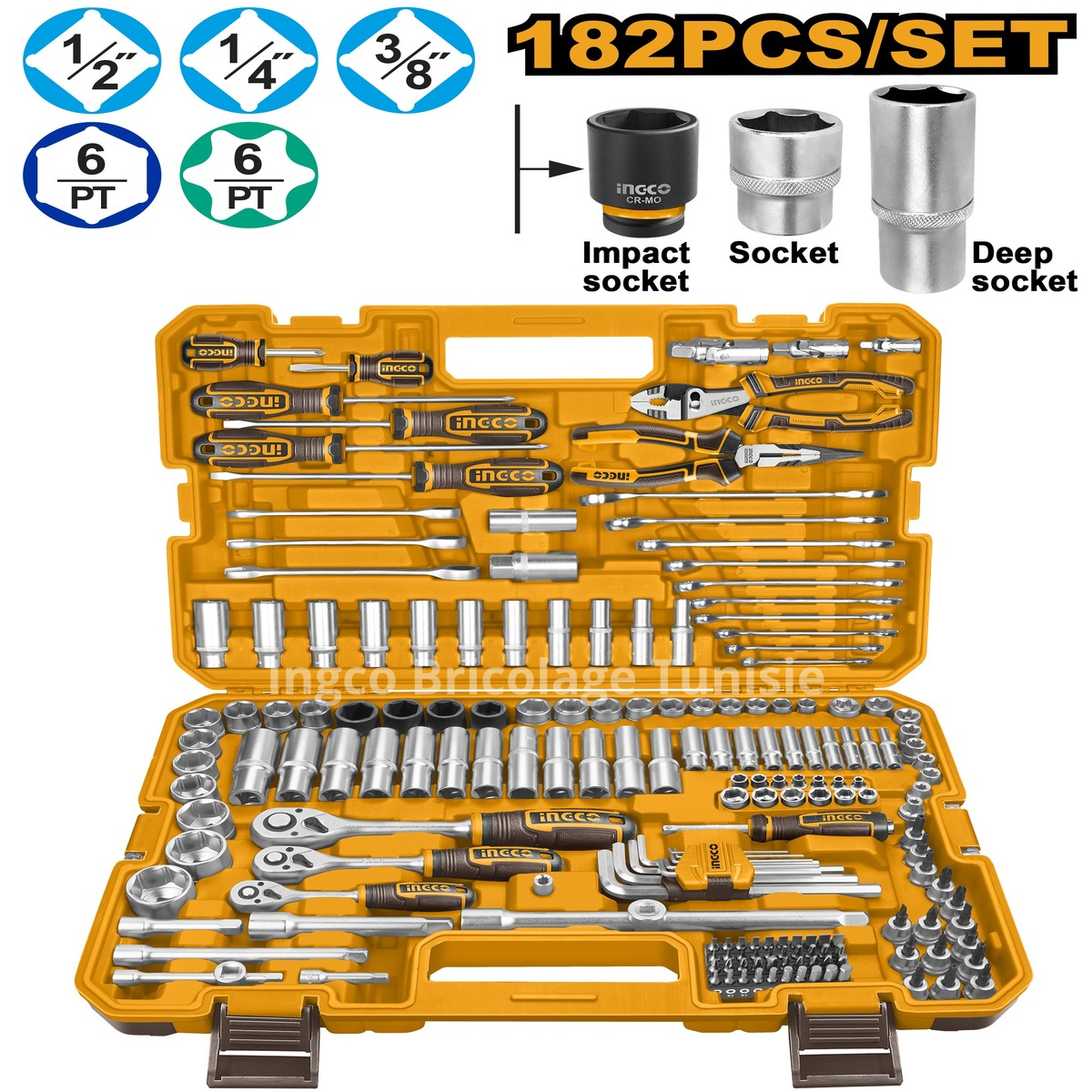Caisse à outils 182 pièces INGCO HKTHP51828 avec douilles, cliquets, tournevis, pinces et mallette de transport.