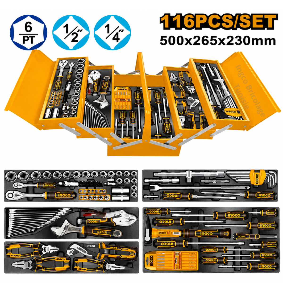 Coffret d'outils 116 PCS INGCO HTCS261168 avec douilles et embouts, idéal pour mécanique, maintenance, réparation et bricolage en Tunisie.