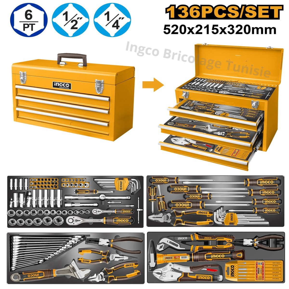 Coffret d’outils INGCO HTCS261368 136 pièces avec coffre métallique