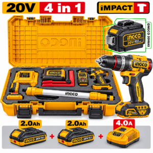 kit combiné sans fil 4pcs INGCO HLL260467 avec perceuse 20V, niveau laser 3D et télémètre 85 m