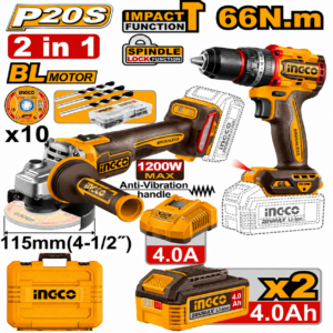 Kit combiné sans fil 20V INGCO CKLI20256 avec perceuse-visseuse et meuleuse d’angle Brushless