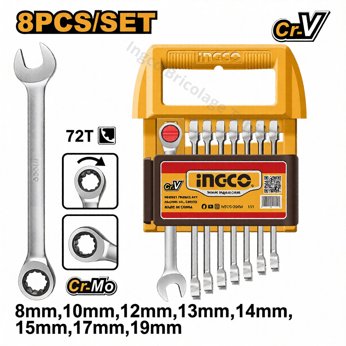 Jeu de clés mixtes à cliquet 8 pièces INGCO HKSPAR2082 de 8 à 19 mm