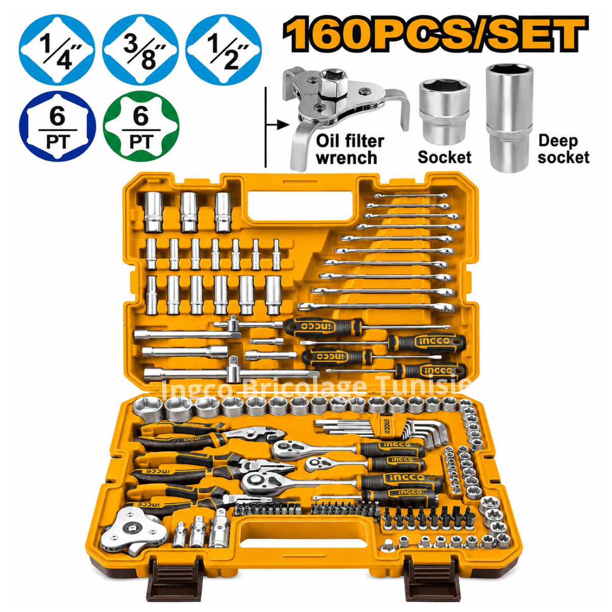Coffret d’outils à main INGCO HKTHP51608 de 160 pièces avec douilles, cliquets et accessoires