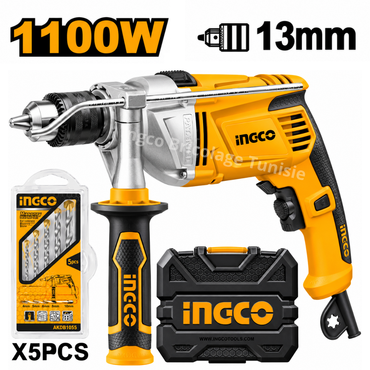 Perceuse à percussion INGCO 1100W 13mm ID11008-1 avec 5 mèches de maçonnerie et mallette BMC