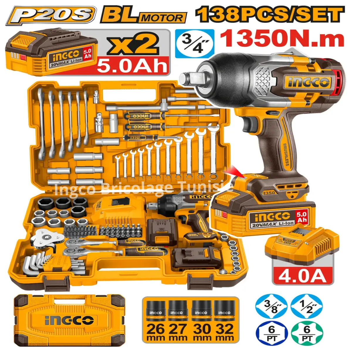 Coffret INGCO HKTHP41383 138 pièces avec clé à chocs 20V 3/4 pouces et 2 batteries 5 Ah