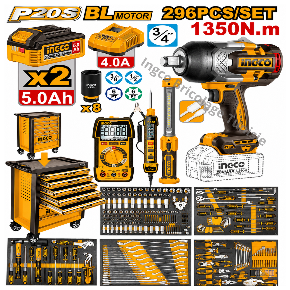 Coffret d’outils INGCO HTCS282962 296 pièces avec armoire mobile et clé à chocs 20V