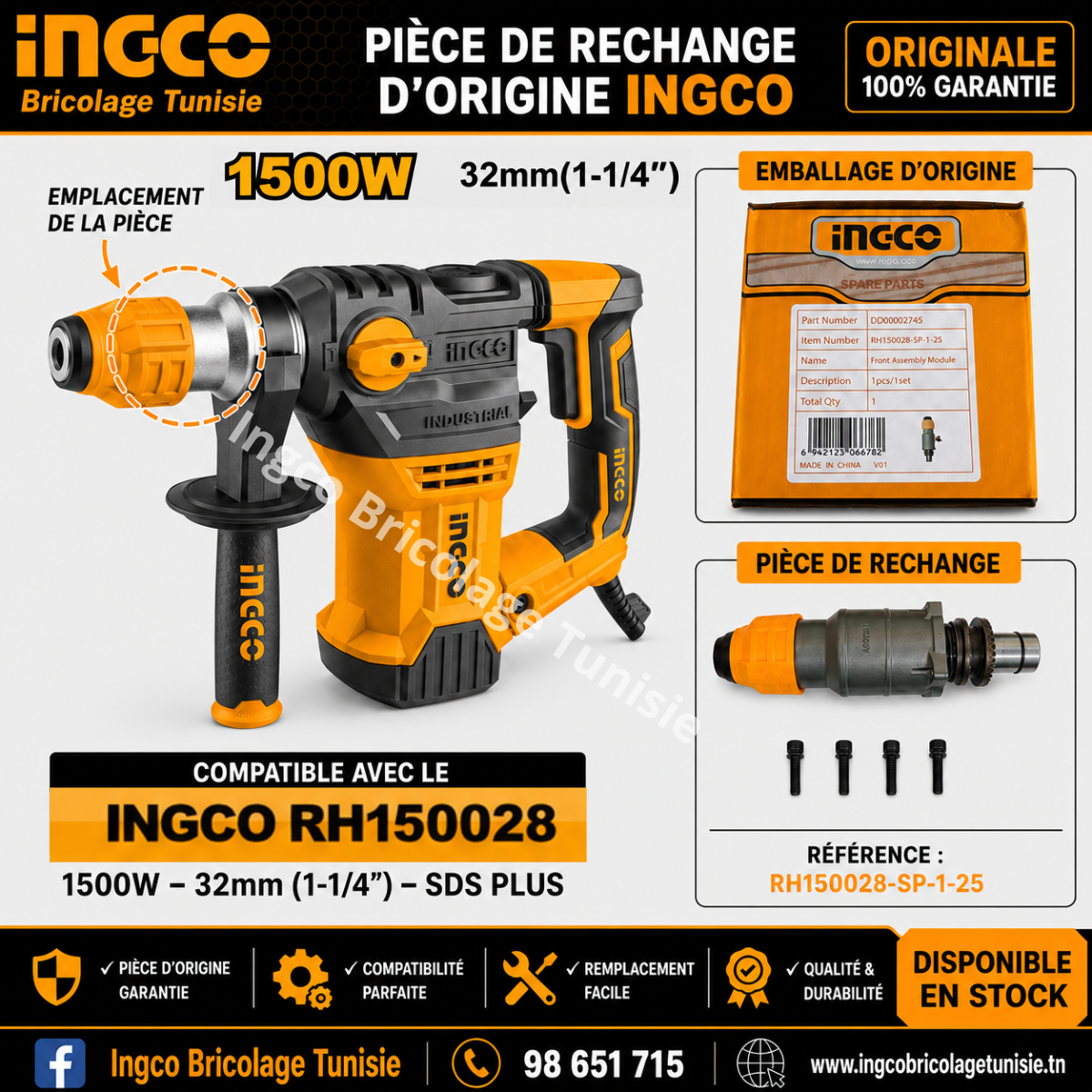 Tête de marteau complète INGCO RH150028-SP-1-25 pour marteau perforateur 1500W SDS Plus