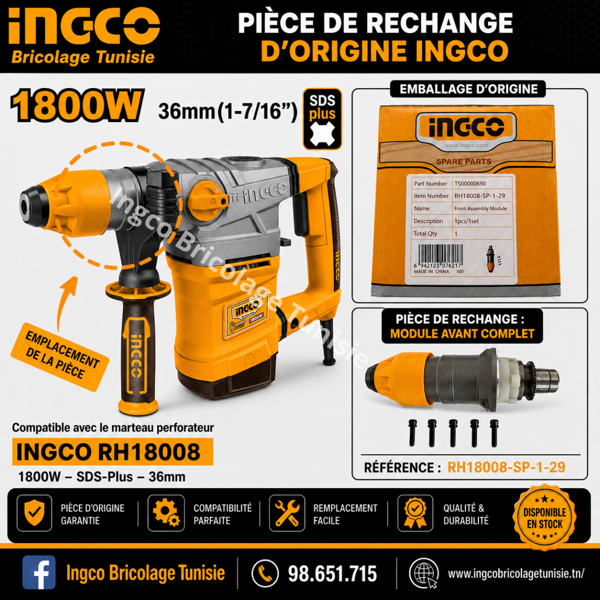 Tête de marteau complète INGCO RH18008-SP-1-29 pour marteau perforateur 1800W SDS Plus 36 mm