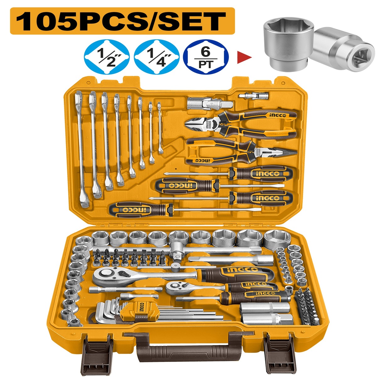Coffret d’outils à main INGCO HKTHP51058 de 105 pièces avec douilles, cliquets et accessoires