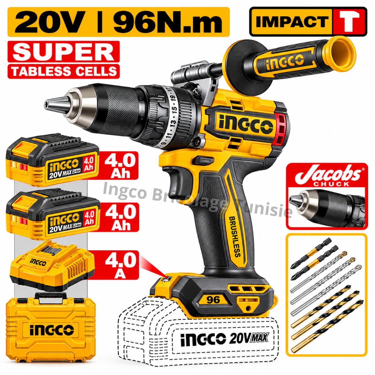 Perceuse à percussion sans fil sans balais 96N.m CIDLI209689 avec 2 batteries 4 Ah et accessoires