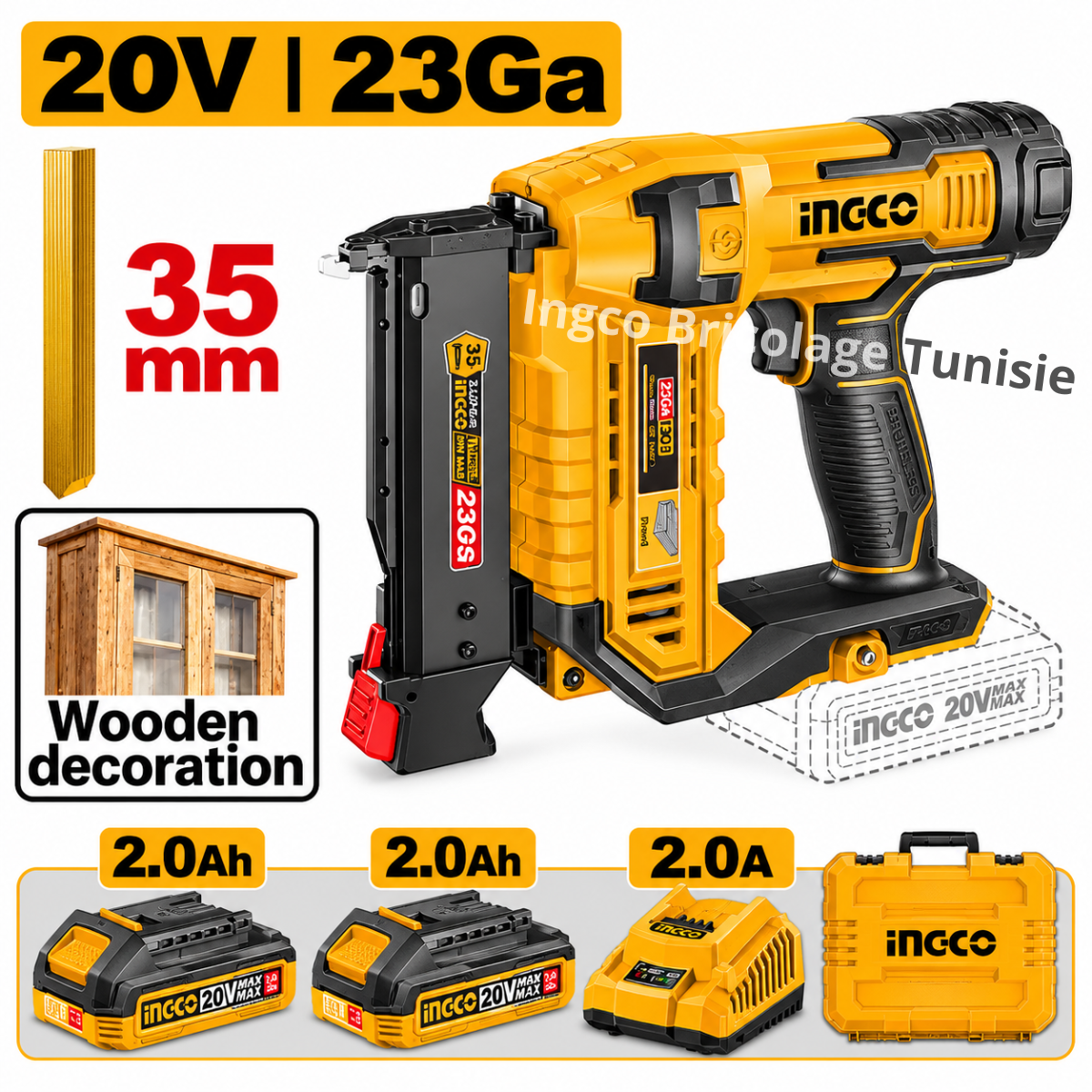 Cloueuse sans fil 20V 23GA CPNLI360315 INGCO avec deux batteries de 2,0 Ah, chargeur et micro-clous